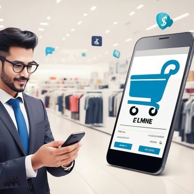 Shopping icon with businessman using mobile smartphone in background. Online shopping